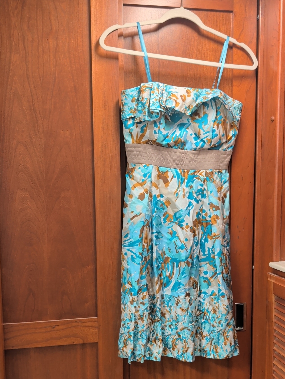 BCBG Paris Aqua and Tan Floral Dress with Ruffle Neckline.  Sz 2
